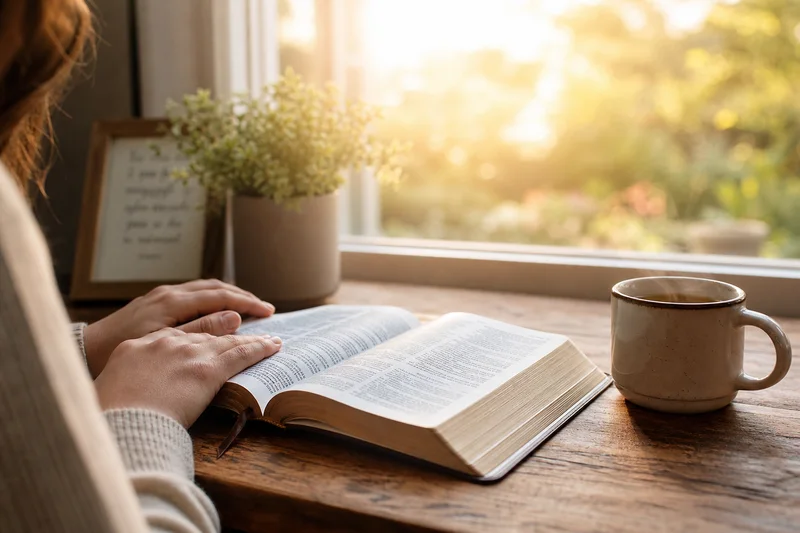 Biblia abierta junto a una ventana durante una mañana luminosa