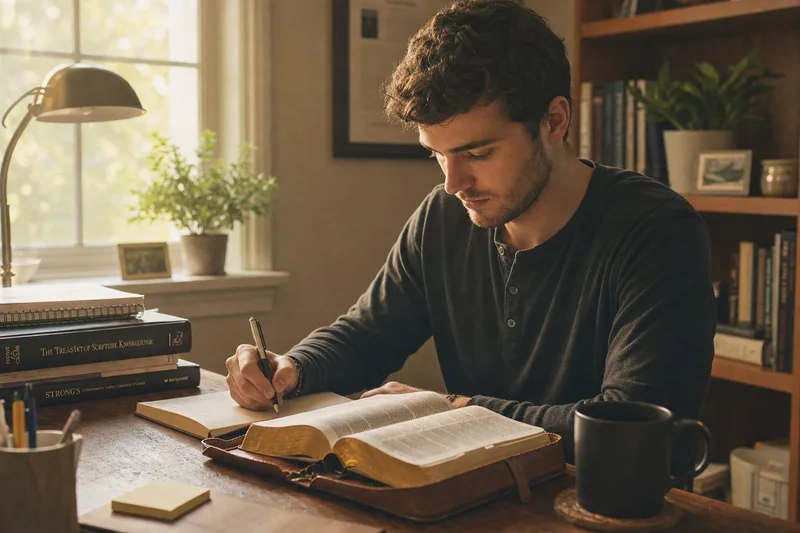 Persona leyendo y escribiendo junto a una Biblia abierta