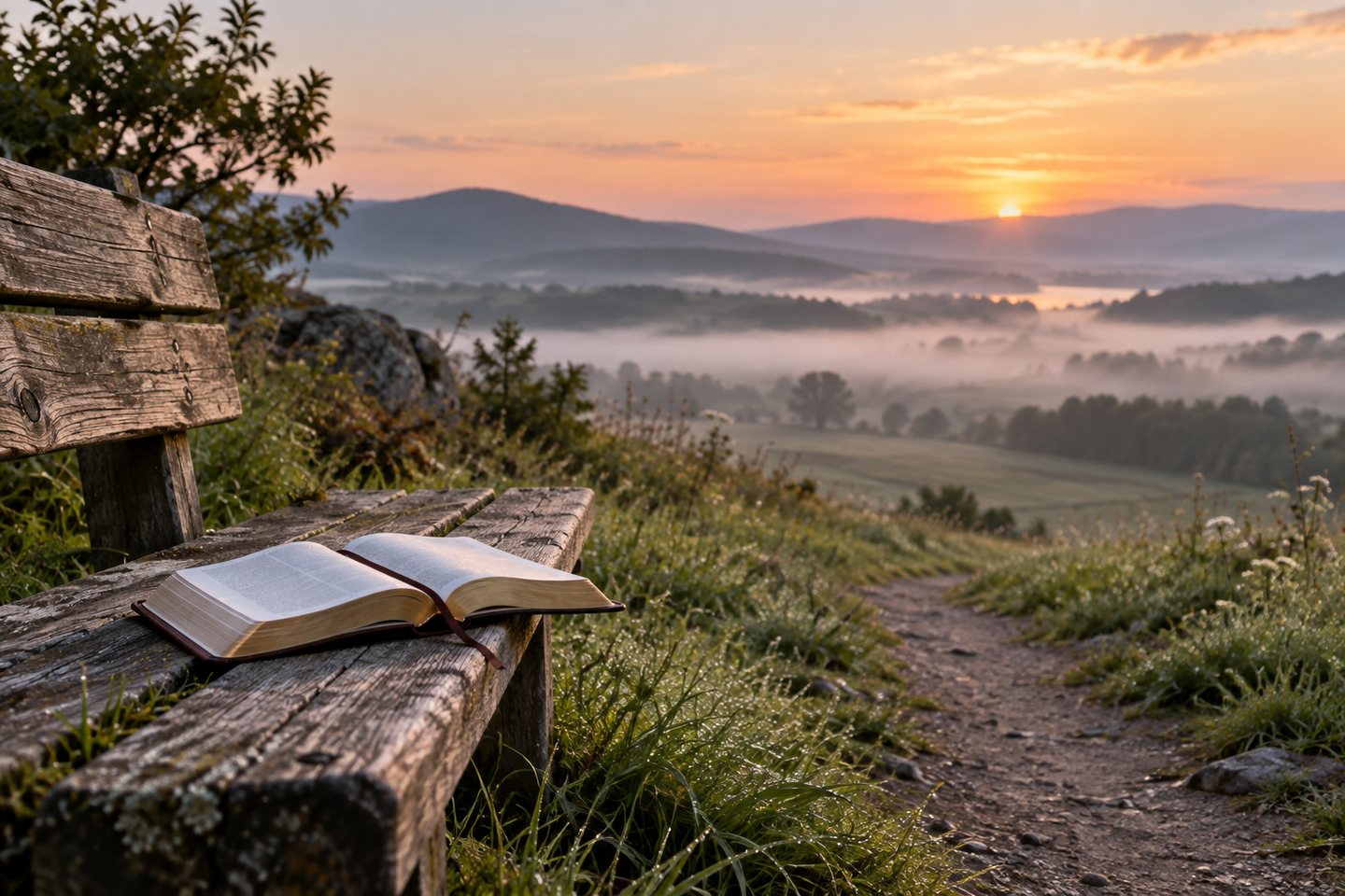 Banco de madera junto a un sendero al amanecer, con una Biblia abierta, símbolo de acompañar a quien duda