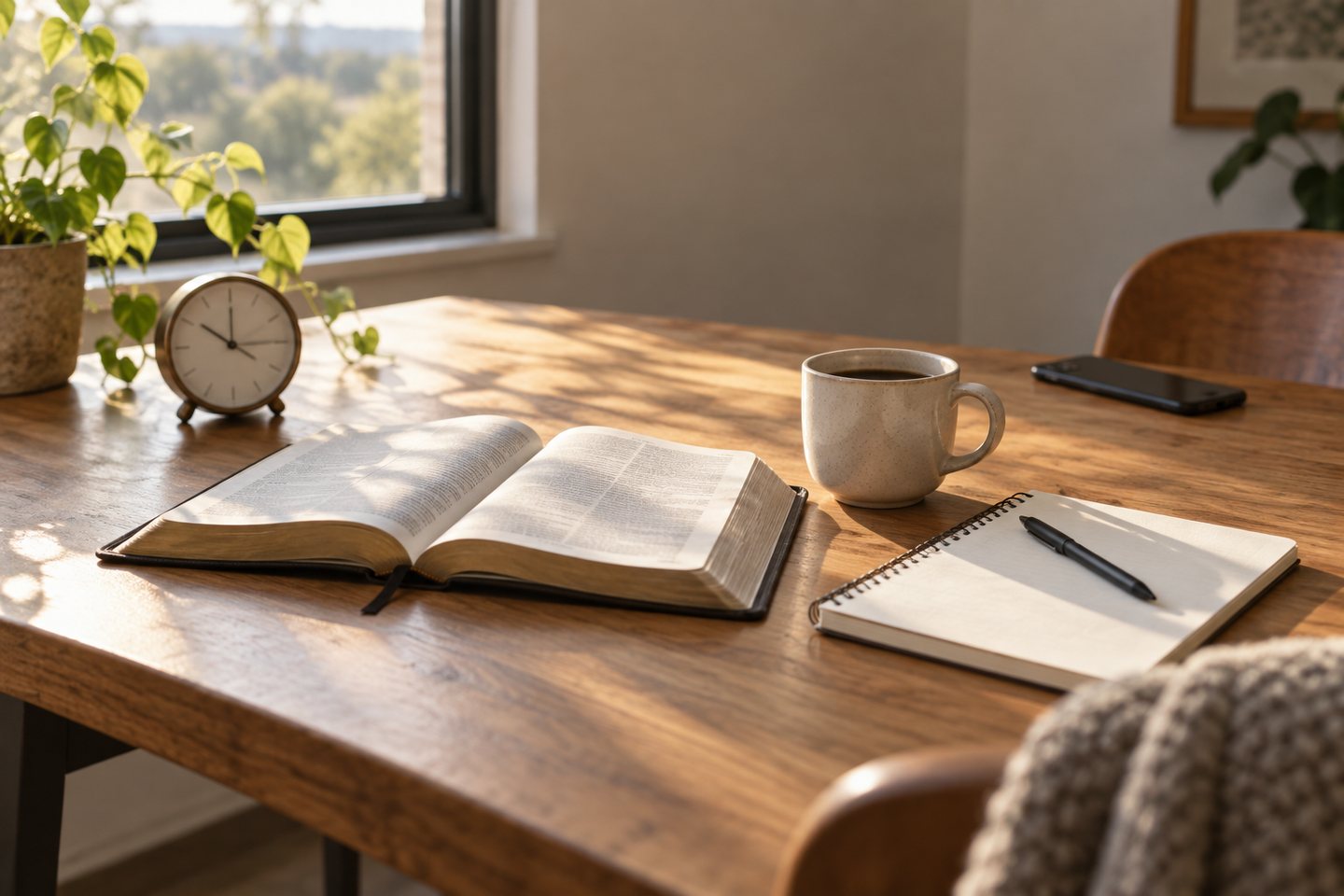 Teléfono boca abajo y apartado en una mesa, con Biblia abierta y café, durante un ayuno de redes