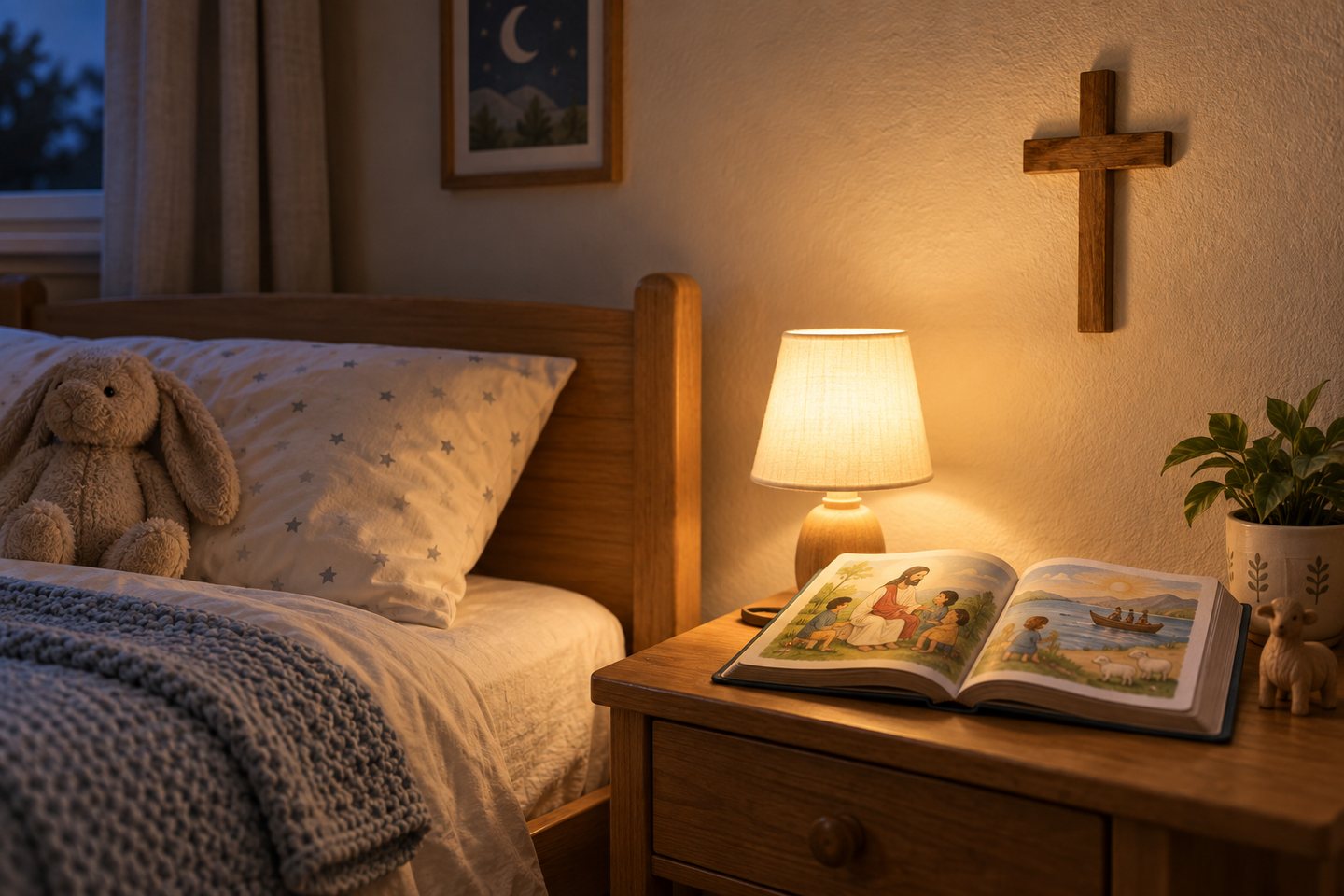 Cuarto infantil en la hora de dormir con una Biblia de niños abierta y una luz cálida, para enseñar a orar