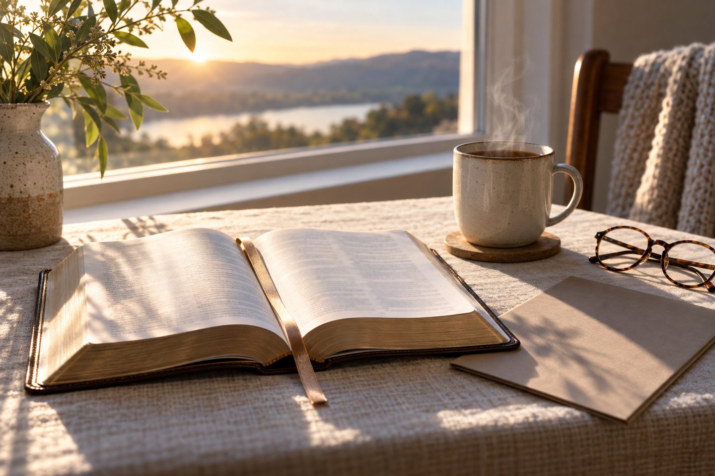 Rincón de lectura al amanecer con Biblia abierta, marcador de cinta y una taza, para un plan anual de lectura