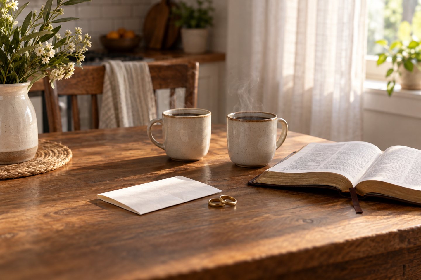 Mesa de cocina con dos tazas, una nota doblada y anillos de boda junto a una Biblia abierta