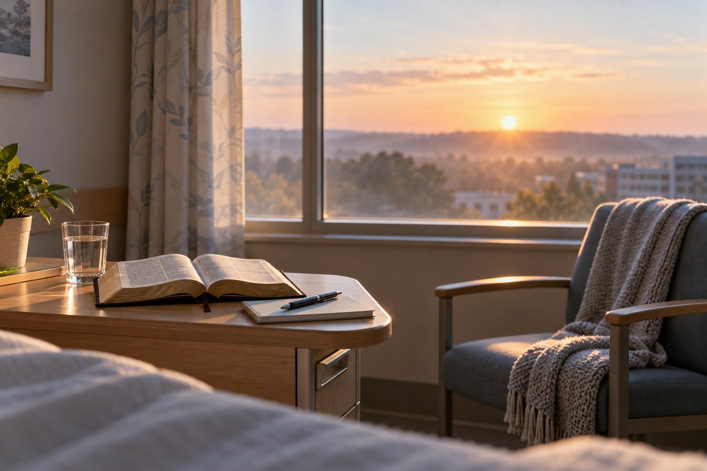 Ventana de habitación al amanecer con una Biblia y un cuaderno, símbolo de oración ante un diagnóstico difícil