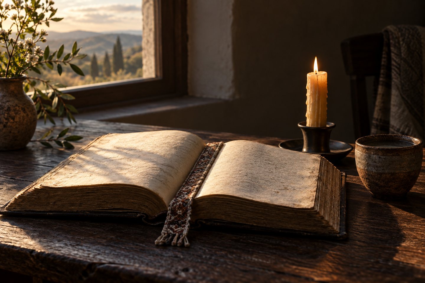 Libro de los Salmos abierto junto a una vela encendida sobre una mesa de madera, para orar con los Salmos