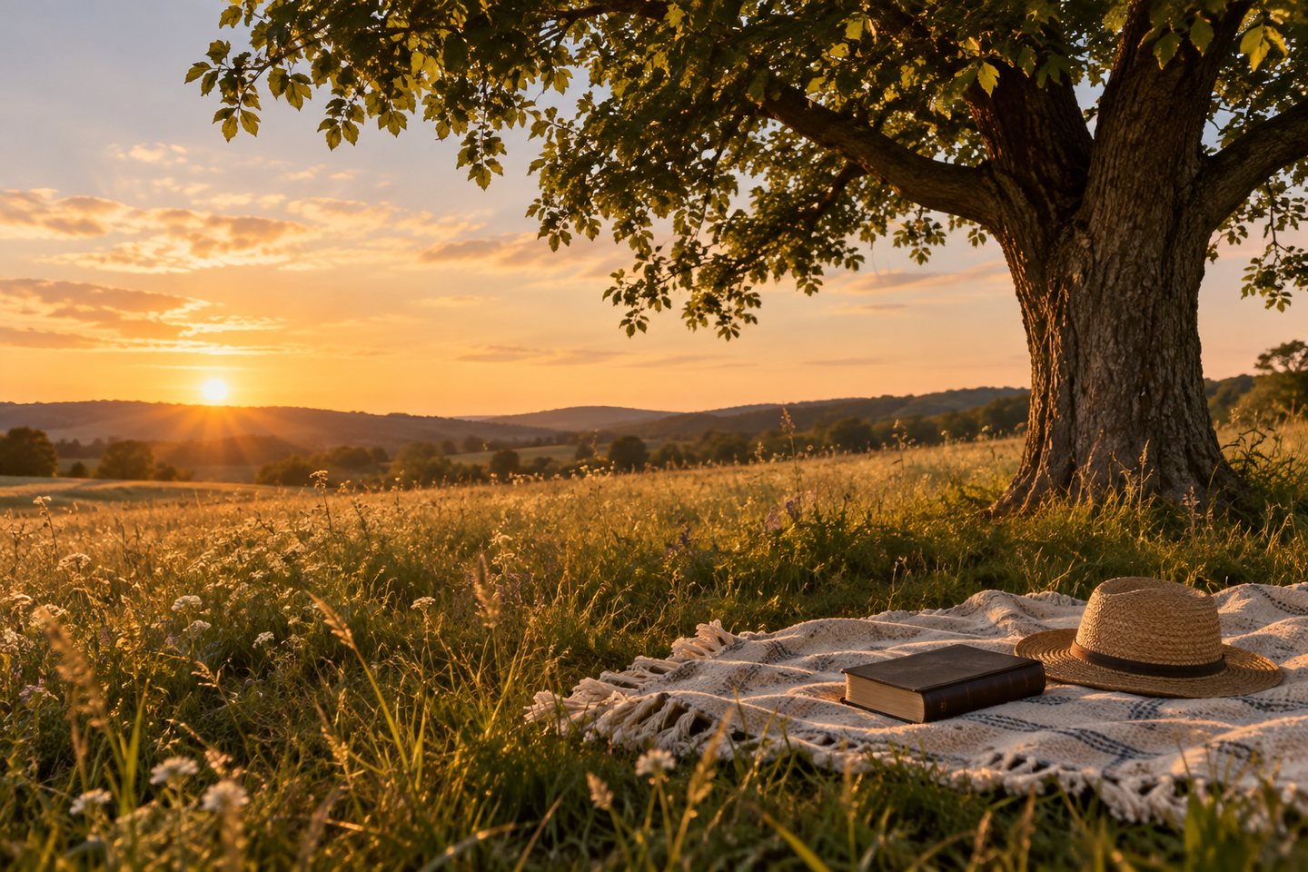 Manta tejida bajo un árbol en un campo al atardecer con una Biblia cerrada, imagen del descanso semanal